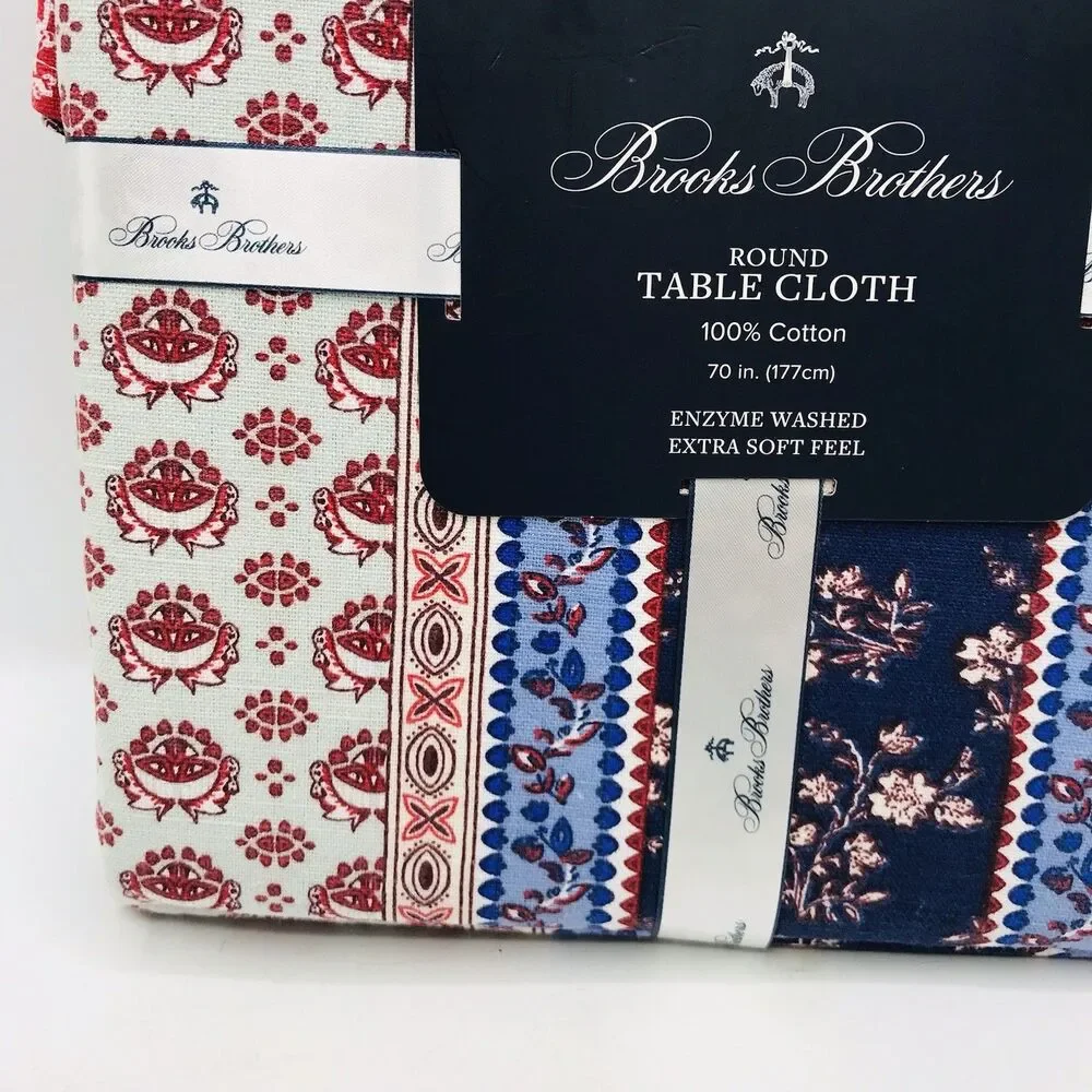 Brooks Brothers Round Tablecloth 70” Round Floral Red White Blue 100% Cotton NWT
